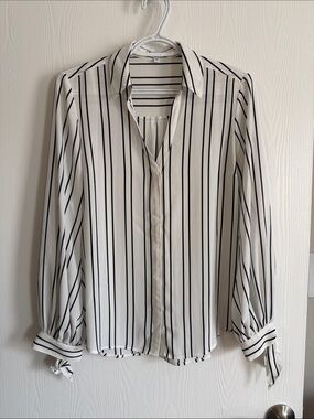 Express White Button-Down Blouse with Black Vertical Stripes